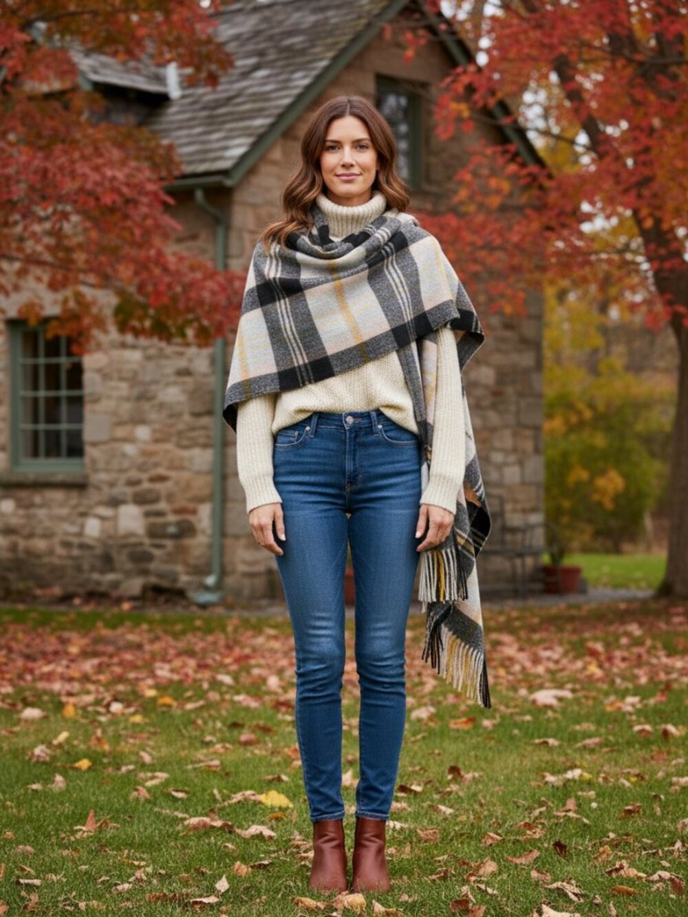 Gorgeous Oversized Block Plaid Autumn Fall Scarf Wrap with Fringe